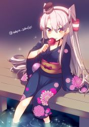 Rule 34 | 10s, 1girl, alternate costume, amatsukaze (kancolle), brown eyes, candy apple, floral print, food, gradient background, hair tubes, headgear, highres, japanese clothes, kantai collection, kimono, long hair, looking at viewer, obi, sash, silver hair, sitting, soaking feet, solo, summer festival, tahya, twitter username, two side up, water, yukata