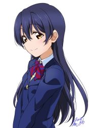 Rule 34 | 1girl, blazer, blue hair, blush, bow, bowtie, closed mouth, commentary request, from side, hair between eyes, highres, jacket, long hair, long sleeves, looking at viewer, love live!, love live! school idol project, otonokizaka school uniform, red bow, red bowtie, school uniform, simple background, smile, solo, sonoda umi, striped bow, striped bowtie, striped clothes, striped neckwear, takeya yuuki, white background