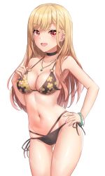 Rule 34 | 1girl, absurdres, barbell piercing, bikini, black bikini, blush, blustar sky, breasts, choker, collarbone, commentary, contrapposto, cowboy shot, ear piercing, english commentary, floral print, gem, gluteal fold, hair between eyes, hand on own chest, hand on own hip, highres, industrial piercing, jewelry, kitagawa marin, korean commentary, large breasts, long hair, looking at viewer, medium breasts, mixed-language commentary, multi-strapped bikini, nail polish, navel, necklace, o-ring, o-ring bikini, open mouth, piercing, pink nails, print bikini, red eyes, revision, ring, side-tie bikini bottom, simple background, smile, sono bisque doll wa koi wo suru, swimsuit, thigh gap, transparent background