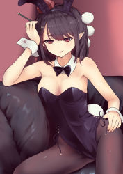 Rule 34 | 1girl, alternate costume, animal ears, bare shoulders, black bow, black bowtie, black hair, black hairband, bow, bowtie, breasts, brown pantyhose, cleavage, collarbone, commentary request, couch, culter, detached collar, fake animal ears, feet out of frame, hairband, hand on own hip, hand up, hat, highres, holding, holding pencil, indoors, leotard, looking at viewer, medium breasts, medium hair, on couch, pantyhose, parted lips, pencil, playboy bunny, pointy ears, pom pom (clothes), rabbit ears, red eyes, red headwear, shameimaru aya, sitting, smile, solo, tokin hat, touhou, wall, wrist cuffs