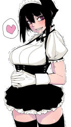 Rule 34 | 1girl, black hair, blush, breasts, drooling, fangs, gloves, hair between eyes, heart, highres, large breasts, maid, maid headdress, medium breasts, miitoban, original, own hands together, parted lips, purple eyes, simple background, smile, solo, speech bubble, thighhighs, trembling, veins, white background, white gloves, zettai ryouiki