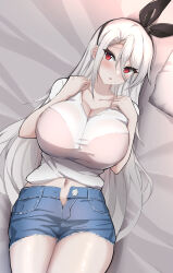 Rule 34 | 1girl, :o, absurdres, azur lane, blush, bra visible through clothes, breasts, breasts squeezed together, casual, cleavage, commission, denim, denim shorts, highres, huge breasts, j yak47, jeans, looking at viewer, lying, midriff peek, navel, on back, open fly, pants, pixiv commission, prinz heinrich (azur lane), red eyes, shorts, solo, thighs, white hair