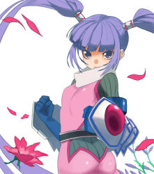 Rule 34 | 1girl, ass, bodysuit, clenched hand, expressionless, female focus, flat chest, from behind, gauntlets, gloves, hair tubes, long hair, looking at viewer, purple eyes, purple hair, shiny clothes, solo, sophie (tales), tales of (series), tales of graces, yuuki (irodo rhythm)