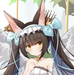 Rule 34 | 1girl, absurdres, alternate costume, alternate hairstyle, animal ear fluff, animal ears, artist request, azur lane, bare shoulders, black hair, blue bow, blue ribbon, blunt bangs, blush, bow, breasts, center frills, closed mouth, collarbone, crown, dress, evening gown, fox ears, fox girl, frilled dress, frills, hair bow, hair ornament, hair ribbon, hairband, hand on own chest, hand up, headdress, highres, jewelry, long hair, looking at viewer, mini crown, nagato (azur lane), nagato (guardian fox&#039;s procession) (azur lane), necklace, official alternate costume, ribbon, sidelocks, small breasts, solo, strapless, strapless dress, twintails, upper body, white dress, wings, yellow eyes