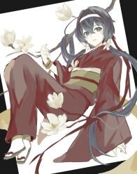 Rule 34 | 1girl, black eyes, black hair, branch, bungou stray dogs, flower, full body, hair flower, hair ornament, hairband, hand up, highres, izumi kyouka (bungou stray dogs), japanese clothes, jellyfish sz, kimono, long hair, long sleeves, low twintails, red kimono, sandals, sleeves past wrists, smile, solo, twintails, white background, white flower, white hairband, wide sleeves, wristband, zouri
