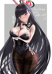 Rule 34 | absurdres, arm under breasts, black hair, black leotard, black pantyhose, blue archive, breasts, chinese zodiac, cleavage, covered navel, detached collar, fue (rhomphair), halo, happy new year, highres, large breasts, leotard, long hair, mechanical halo, new year, pantyhose, playboy bunny, rio (blue archive), strapless, strapless leotard, thick thighs, thighs, upper body, very long hair, wide hips, wrist cuffs, year of the rabbit