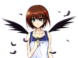 Rule 34 | 1girl, black wings, blue eyes, brown hair, dress, feathers, hair ornament, jewelry, lyrical nanoha, mahou shoujo lyrical nanoha, mahou shoujo lyrical nanoha a&#039;s, necklace, rin-illustration, schwertkreuz, schwertkreuz (standby form), short hair, smile, solo, white background, wings, x hair ornament, yagami hayate