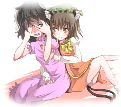 Rule 34 | 2girls, animal ears, bad id, bad pixiv id, black hair, blush, brown eyes, brown hair, rabbit ears, cat ears, cat tail, chen, covering face, embarrassed, hug, hug from behind, inaba tewi, jewelry, multiple girls, multiple tails, nekomata, pendant, red eyes, shuga (soranote), simple background, tail, touhou, two tails, yuri