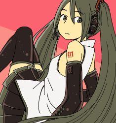 Rule 34 | 1girl, frown, green eyes, green hair, hatsune miku, headphones, headset, hosoo, long hair, matching hair/eyes, pink background, pleated skirt, shirt, simple background, skirt, sleeveless, sleeveless shirt, solo, twintails, very long hair, vocaloid