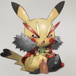 Rule 34 | 1girl, animal ears, belt, black eyes, black footwear, black pants, blush, blush stickers, clothed pokemon, clothed sex, clothes pull, cosplay pikachu, creatures (company), cum, cum in pussy, disembodied penis, erection, eyebrows, full body, fur trim, game freak, gen 1 pokemon, grey background, half-closed eyes, hetero, highres, jacket, long sleeves, monster, nintendo, open mouth, pants, pants around one leg, pants pull, penis, pikachu, pikachu rock star, pokemon, pokemon (creature), pokemon oras, pussy, red jacket, sex, shiny skin, shoes, simple background, single shoe, sitting, spread legs, sweat, tail, tears, uncensored, vaginal, youjo modoki