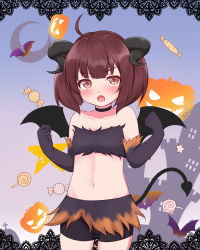 Rule 34 | 1girl, :o, ahoge, animal print, bandeau, bat print, bat wings, black choker, black gloves, black horns, black shorts, blush, brown eyes, brown hair, candy, castle, choker, collarbone, commentary request, cowboy shot, curled horns, demon tail, demon wings, flat chest, food, fur trim, gloves, halloween, hands up, highres, horns, jigurii, lollipop, looking at viewer, midriff, navel, open mouth, shorts, solo, stomach, tail, touhoku kiritan, voiceroid, wings