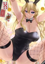Rule 34 | 1girl, animal ears, black leotard, blonde hair, blue eyes, blush, breasts, card, cleavage, closed mouth, collarbone, detached collar, fake animal ears, fishnet thighhighs, fishnets, hair between eyes, highres, iowa (kancolle), kantai collection, kusaka souji, large breasts, leotard, long hair, poker chip, rabbit ears, smile, star-shaped pupils, star (symbol), strapless, strapless leotard, symbol-shaped pupils, thighhighs, tongue, tongue out
