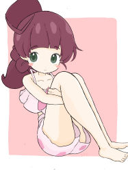 Rule 34 | 1girl, absurdres, bare arms, bare legs, bare shoulders, barefoot, bikini, blush stickers, breasts, brown background, brown hair, chloe (pokemon), cleavage, closed mouth, collarbone, commentary request, creatures (company), game freak, green eyes, highres, hugging own legs, long hair, looking at viewer, nintendo, pink bikini, pink shorts, pokemon, pokemon (anime), pokemon journeys, rururu (pyrk8855), short shorts, shorts, smile, solo, swimsuit, two-tone background, white background