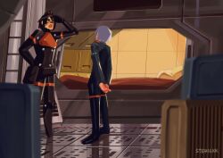 Rule 34 | 2girls, android, ariane yeong, artist name, black hair, commentary, elster (signalis), english commentary, garrison cap, grey hair, hat, height difference, highres, low poly, multiple girls, no feet, robot girl, salute, science fiction, short hair, signalis, spacecraft interior, steriskk