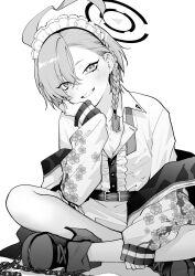 Rule 34 | 1girl, ahoge, asymmetrical bangs, belt, blue archive, blush, braid, center frills, chain, collarbone, collared shirt, crossed legs, earrings, floral print, frills, greyscale, grin, hagyouayumu, halo, hand on own cheek, hand on own face, hand up, highres, jacket, jewelry, long sleeves, looking at viewer, maid headdress, mole, mole under each eye, mole under eye, monochrome, multiple moles, neck ribbon, neru (blue archive), off shoulder, open clothes, open shirt, ribbon, shirt, shirt tucked in, shoes, short hair, simple background, single braid, sitting, sleeves past wrists, smile, solo, stud earrings, sukajan, undone neck ribbon, white background