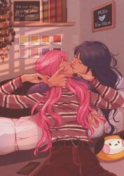 Rule 34 | 2girls, belt, book, brown pants, cellphone, closed eyes, commentary, contemporary, english commentary, genshin impact, hand on another&#039;s neck, highres, indoors, katenearts, kiss, lesbian flag, long hair, long sleeves, multiple girls, on bed, pants, phone, pink hair, pink sweater, plant, purple hair, purple sweater, raiden shogun, red lips, smartphone, striped clothes, striped sweater, sweater, yae miko, yuri