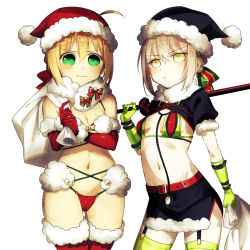 Rule 34 | 2girls, adapted costume, aged down, artoria pendragon (all), artoria pendragon (fate), belt, bikini, blonde hair, blush, christmas, cosplay, elbow gloves, excalibur morgan (fate), fate/extra, fate/grand order, fate/stay night, fate (series), florence nightingale (fate), florence nightingale (trick or treatment) (fate), fur-trimmed thighhighs, fur trim, fusion, gloves, green bikini, green eyes, green gloves, green legwear, hat, highres, holding, holding sword, holding weapon, looking at viewer, mash kyrielight, mash kyrielight (dangerous beast), mash kyrielight (dangerous beast) (cosplay), multiple girls, nabenko, navel, nero claudius (fate), nero claudius (fate) (all), nero claudius (fate/extra), official alternate costume, pale skin, red bikini, red gloves, red legwear, revision, saber alter, sack, santa alter, santa costume, santa hat, santa lily, shrug (clothing), simple background, skirt, standing, stethoscope, swimsuit, sword, thighhighs, weapon, white background, yellow eyes