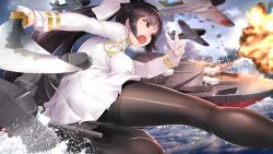 Rule 34 | 1girl, absurdres, ass, azur lane, black footwear, black hair, black pantyhose, blunt bangs, bow, breasts, cannon, cloud, cloudy sky, commentary request, crotch seam, day, explosion, eyelashes, fighting stance, from behind, from side, gloves, hair bow, hair flaps, half gloves, hands up, highres, holding, holding sword, holding weapon, katana, large breasts, loafers, long hair, long sleeves, looking to the side, machinery, military, military uniform, miniskirt, ocean, open mouth, outdoors, panties, panties under pantyhose, pantyhose, pantyshot, pleated skirt, ponytail, ready to draw, ribbon, rigging, rin2008, scabbard, sheath, shiny clothes, shoes, skirt, sky, solo, splashing, squatting, sword, takao (azur lane), teeth, thighband pantyhose, thighs, tsurime, turret, underwear, uniform, unsheathed, upper teeth only, upskirt, very long hair, water, weapon, white bow, white gloves, white panties, white ribbon, white skirt, yellow eyes