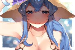 Rule 34 | 1girl, bikini, blue eyes, blue hair, bracelet, breasts, commentary request, gotland (kancolle), hair over shoulder, hat, jewelry, kantai collection, kozu (bloomme1 me), large breasts, long hair, looking at viewer, mole, mole under eye, o-ring, o-ring bikini, o-ring top, solo, sun hat, swimsuit, upper body