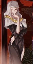 Rule 34 | 1girl, absurdres, black dress, breasts, commentary request, cowboy shot, dress, fate/extra, fate/extra ccc, fate/grand order, fate (series), habit, hallway, hand on own hip, hand on own chin, highres, jewelry, large breasts, long sleeves, looking at viewer, looking to the side, necklace, nun, open mouth, saamon (dream81come), sessyoin kiara, shadow, side slit, smile, solo, standing, thighhighs, thighs, veil, white thighhighs, yellow eyes