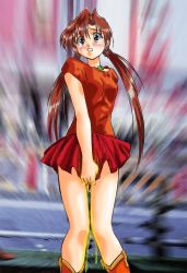 Rule 34 | 1girl, artist request, black eyes, blurry, blurry background, blush, boots, breasts, brown hair, embarrassed, long hair, low twintails, open mouth, parted lips, peeing, peeing self, public indecency, red footwear, red shirt, red skirt, shirt, short sleeves, skirt, small breasts, standing, tears, teeth, twintails