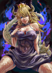 Rule 34 | 1girl, abs, arm at side, armlet, artist name, bare shoulders, black collar, black nails, blonde hair, blue eyes, borrowed design, bowsette, bracelet, breasts, chain, cleavage, collar, collarbone, commentary request, covered erect nipples, crown, dress, earrings, eyebrows, fangs, fingernails, fishnet thighhighs, fishnets, hair between eyes, half-closed eye, hand on own chest, hand up, head tilt, highres, horns, jewelry, large breasts, lips, long hair, looking at viewer, mario (series), nail polish, naughty face, navel, new super mario bros. u deluxe, nintendo, parted bangs, parted lips, pointy ears, purple dress, see-through, sharp fingernails, sidelocks, sitting, slit pupils, smile, solo, spiked armlet, spiked bracelet, spiked collar, spiked tail, spikes, spread legs, stomach, strapless, strapless dress, super crown, taiga (koisunege1255), tail, teeth, thighhighs, toned, turtle shell