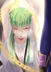 Rule 34 | 1girl, absurdres, arms up, breasts, budgiepon, c.c., chain, cleavage, code geass, collarbone, cosplay, enkidu (fate), enkidu (fate) (cosplay), fate/grand order, fate (series), green hair, hair between eyes, highres, long hair, long sleeves, looking at viewer, open mouth, small breasts, solo focus, yellow eyes