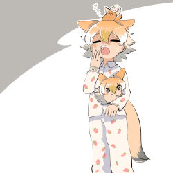 Rule 34 | 1girl, alternate costume, animal ears, blonde hair, blush, character doll, closed eyes, collared shirt, covering own mouth, coyopotato, coyote (kemono friends), extra ears, food print, highres, kemono friends, kemono friends v project, long sleeves, mcgunngu, multicolored hair, pajamas, pants, shirt, short hair, solo, strawberry print, tail, virtual youtuber, white hair, white pajamas, white pants, white shirt, wolf ears, wolf tail, yawning