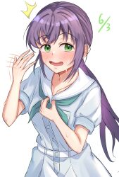 Rule 34 | 1girl, ^^^, absurdres, aqua neckerchief, blush, collarbone, commentary request, dated, dress, fanning self, green eyes, hasu no sora school uniform, highres, hot, ixianim, link! like! love live!, long hair, looking at another, love live!, low ponytail, neckerchief, nervous smile, open mouth, otomune kozue, pleated dress, purple hair, sailor collar, sailor dress, school uniform, short sleeves, sidelocks, simple background, smile, solo, summer uniform, sweat, upper body, very sweaty, virtual youtuber, white background, white dress, white sailor collar