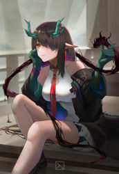 Rule 34 | 1girl, absurdres, arknights, artist name, bad id, bad pixiv id, bead bracelet, beads, black footwear, black hair, black jacket, boots, bracelet, breasts, china dress, chinese clothes, cleavage cutout, clothing cutout, collarbone, colored skin, dragon, dragon girl, dragon horns, dragon tail, dress, dusk (arknights), earrings, eastern dragon, green skin, hair over one eye, hand up, head rest, highres, horns, jacket, jewelry, large breasts, long hair, looking at viewer, necktie, njnywy, off shoulder, one eye covered, pointy ears, red eyes, red necktie, sidelocks, sitting, solo, tail, tassel, tassel earrings, white dress