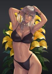 Rule 34 | 1girl, absurdres, armpits, arms up, bikini, black background, bracelet, breasts, cleavage, commentary request, damegane, dark-skinned female, dark skin, earrings, floral background, flower, grey hair, highleg, highleg bikini, highleg swimsuit, highres, jewelry, large breasts, lips, long hair, looking at viewer, navel, necklace, original, parted lips, reena (damegane), simple background, smile, solo, stomach, stomach day, swimsuit, thighs, yellow eyes