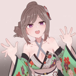 Rule 34 | 1girl, bare shoulders, breasts, brown background, brown hair, cleavage, collarbone, commentary request, copyright request, detached sleeves, gradient background, green kimono, green sleeves, hair ornament, highres, japanese clothes, kimono, large breasts, looking at viewer, mole, mole under eye, obi, open mouth, purple eyes, sash, short hair, solo, sumiyao (amam), sweat, teeth, upper teeth only, wide sleeves