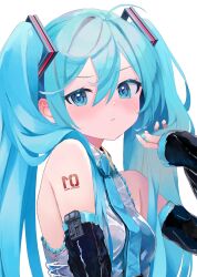 Rule 34 | 1girl, black sleeves, blue eyes, blue hair, blue nails, blue necktie, detached sleeves, grey shirt, hatsune miku, highres, long hair, looking at viewer, necktie, shirt, sleeveless, sleeveless shirt, solo, takepon1123, twintails, very long hair, vocaloid, white background