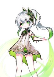 Rule 34 | 1girl, bare shoulders, closed mouth, commentary request, cross-shaped pupils, dress, feet out of frame, genshin impact, gradient hair, green eyes, green hair, grey hair, hair between eyes, looking at viewer, multicolored hair, nahida (genshin impact), name (oiuio), pointy ears, short shorts, shorts, side ponytail, simple background, sleeveless, sleeveless dress, smile, solo, symbol-shaped pupils, white background, white dress, white shorts