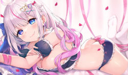 Rule 34 | 1girl, ahoge, ass, ayamy, bare shoulders, black panties, blue eyes, blurry, breasts, butt crack, cleavage, depth of field, detached sleeves, fang, frills, gradient hair, hair ornament, hairclip, heterochromia, highres, indie virtual youtuber, legs up, long hair, looking at viewer, lying, medium breasts, midriff, mole, mole on breast, multicolored hair, on stomach, panties, pink hair, purple eyes, smile, solo, streaked hair, the pose, thighhighs, thighs, underwear, virtual youtuber, white hair, white thighhighs, x hair ornament, yasou toiki