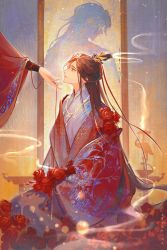 Rule 34 | 2boys, absurdres, blurry, chain, chinese clothes, depth of field, dress, flower, gem, green eyes, hair ornament, hanfu, highres, hua cheng, husband and husband, long sleeves, looking up, multiple boys, mumuda13531, parted bangs, pearl (gemstone), profile, red flower, red rose, rose, smoke, tianguan cifu, wedding dress, wide sleeves, xie lian