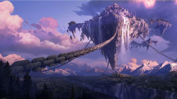 Rule 34 | chain, city, cloud, floating island, highres, mountain, no humans, outdoors, scenery, sky, source request, tree