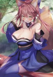 Rule 34 | 1girl, absurdres, animal ears, bare shoulders, blue bow, blue kimono, blue thighhighs, blurry, blurry background, blush, bow, breasts, cleavage, day, detached sleeves, fate/extra, fate/grand order, fate (series), fox ears, fox tail, hair between eyes, hair bow, highres, japanese clothes, kimono, large breasts, long hair, looking at viewer, mochi nabe, obi, open mouth, outdoors, pink hair, sash, sitting, sleeves past wrists, solo, tail, tamamo (fate), tamamo no mae (fate/extra), thighhighs, wide sleeves, yellow eyes