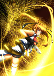 Rule 34 | 00s, 1girl, ass, bare shoulders, belt, blush, brown hair, cross mirage, electricity, from behind, looking at viewer, looking back, lyrical nanoha, mahou shoujo lyrical nanoha, mahou shoujo lyrical nanoha strikers, red eyes, side ponytail, solo, teana lanster, thighhighs, white thighhighs, zettai ryouiki