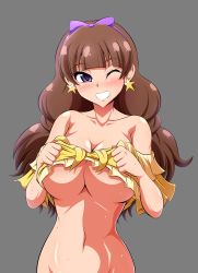 Rule 34 | 1girl, absurdres, amanogawa kirara, aokura shou, bottomless, breasts, brown hair, cleavage, clothes lift, female focus, highres, large breasts, precure, purple eyes, shirt lift, smile, solo, transparent background, underboob
