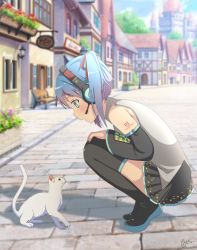 Rule 34 | 1girl, aqua eyes, bare shoulders, blue hair, blurry, blurry background, blush, castle, cat, city, day, detached sleeves, from side, hair ornament, hands on own knees, hatsune miku, headset, highres, kawadancho, looking down, medium hair, open mouth, outdoors, road, shadow, shirt, shop, shoulder tattoo, skirt, sleeveless, sleeveless shirt, squatting, street, tattoo, thighhighs, twintails, vocaloid, white cat