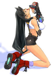 Rule 34 | 1990s (style), 1girl, arched back, ass, black hair, breasts, elbow gloves, final fantasy, final fantasy vii, fingerless gloves, gloves, green eyes, kneeling, large breasts, legs, long hair, long legs, low-tied long hair, midriff, mimasaka hideaki, miniskirt, pencil skirt, retro artstyle, skirt, solo, square enix, thighs, third-party edit, tifa lockhart, tongue