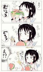 Rule 34 | 1girl, 3koma, :t, ano ko wa toshi densetsu, black hair, blush stickers, burger, closed eyes, closed mouth, comic, cup, disposable cup, fake halo, fake horns, feathered wings, flower, food, food on face, gomennasai, hair flower, hair ornament, hairclip, halo, holding, holding cup, holding food, hood, hood down, hoodie, horns, long sleeves, messy, parted lips, sleeves past wrists, striped clothes, striped hoodie, translation request, white wings, wings, zangyaku-san