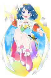 Rule 34 | 1girl, absurdres, artist request, belt, blue eyes, blue hair, boots, cape, cloak, cloud print, dress, hairband, highres, looking at viewer, multicolored clothes, multicolored dress, multicolored hairband, open mouth, orange sleeves, patchwork clothes, pink footwear, rainbow gradient, red button, red sleeves, short hair, simple background, sky print, tenkyuu chimata, torn cape, torn clothes, touhou, two-sided cape, two-sided fabric, white background, white cape, white cloak, yellow bag, yellow sleeves, zipper