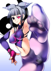 Rule 34 | 1girl, ahen, black hair, bracelet, breasts, capcom, chinese clothes, covered erect nipples, crotch seam, detached sleeves, drill hair, dudou, elbow gloves, feet, fingerless gloves, foot focus, gloves, halterneck, halterneck, han juri, jewelry, leg up, legs, medium breasts, midriff, navel, no panties, pantyhose, purple eyes, purple pantyhose, soles, solo, spiked bracelet, spikes, stomach, street fighter, street fighter iv (series), thighs, toe socks, toes, twin drills