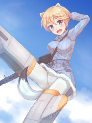 Rule 34 | 10s, 1girl, animal ears, arm behind head, belt, between breasts, blonde hair, blue eyes, blue sky, blue sweater, blush, brave witches, breasts, cameltoe, cloud, commentary, day, ermine ears, ermine tail, flying, fur trim, gun, konnyaku (kk-monmon), large breasts, laughing, machine gun, mecha musume, nikka edvardine katajainen, open mouth, pantyhose, pouch, ribbed sweater, short hair, sky, solo, strap between breasts, striker unit, sweater, tail, turtleneck, turtleneck sweater, weapon, white pantyhose, world witches series