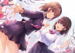 Rule 34 | 2girls, black shirt, black skirt, blue eyes, blurry, blurry background, blush, bow, bowtie, brown hair, closed mouth, collared shirt, dutch angle, flower, highres, holding hands, long sleeves, looking at viewer, multiple girls, neckerchief, open mouth, original, outdoors, outstretched arm, pleated skirt, red bow, red eyes, red neckwear, sailor collar, school uniform, serafuku, shiro kuma shake, shirt, short hair, siblings, sisters, skirt, sky, smile, standing, tree, uniform, white sailor collar, white shirt