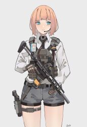 Rule 34 | 1girl, absurdres, ammunition pouch, artist name, averting eyes, blue eyes, buckle, cable, earpiece, eotech, expressionless, gar32, glock, grey shorts, gun, handgun, highres, holding, holding gun, holding weapon, holster, honey badger, id card, integral suppressor, integrally-suppressed firearm, long sleeves, orange hair, original, bulletproof vest, pouch, q (firearms company), q honey badger, shirt, shorts, snap-fit buckle, solo, thigh holster, thighs, trigger discipline, vertical forward grip, weapon, white background, white shirt