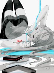 Rule 34 | 1girl, bare arms, blue nails, blurry, blurry foreground, boots, closed eyes, closed mouth, covering own mouth, depth of field, grey background, greyscale, hair spread out, hand on own face, hatsune miku, highres, knees up, long hair, lying, monochrome, nail polish, on back, paint, pleated skirt, potetoneko, shirt, simple background, skirt, sleeveless, sleeveless shirt, solo, spot color, thigh boots, thighhighs, upside-down, very long hair, vocaloid, zettai ryouiki