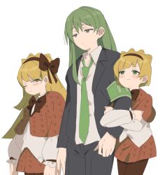 Rule 34 | 1girl, 2boys, arm hug, black jacket, black pants, blonde hair, bow, bowtie, brown bow, brown bowtie, brown hairband, brown pantyhose, capelet, closed mouth, collared shirt, green eyes, green hair, green necktie, hair bow, hairband, highres, jacket, lobotomy corporation, long hair, long sleeves, mu46016419, multiple boys, necktie, netzach (project moon), orange capelet, orange skirt, pants, pantyhose, project moon, puffy long sleeves, puffy sleeves, shirt, simple background, skirt, smile, tiphereth a (project moon), tiphereth b (project moon), very long hair, white background, white shirt